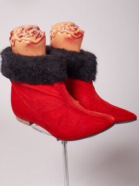 1950s Joyce California Red Velvet and Black Booties Mod Shoes